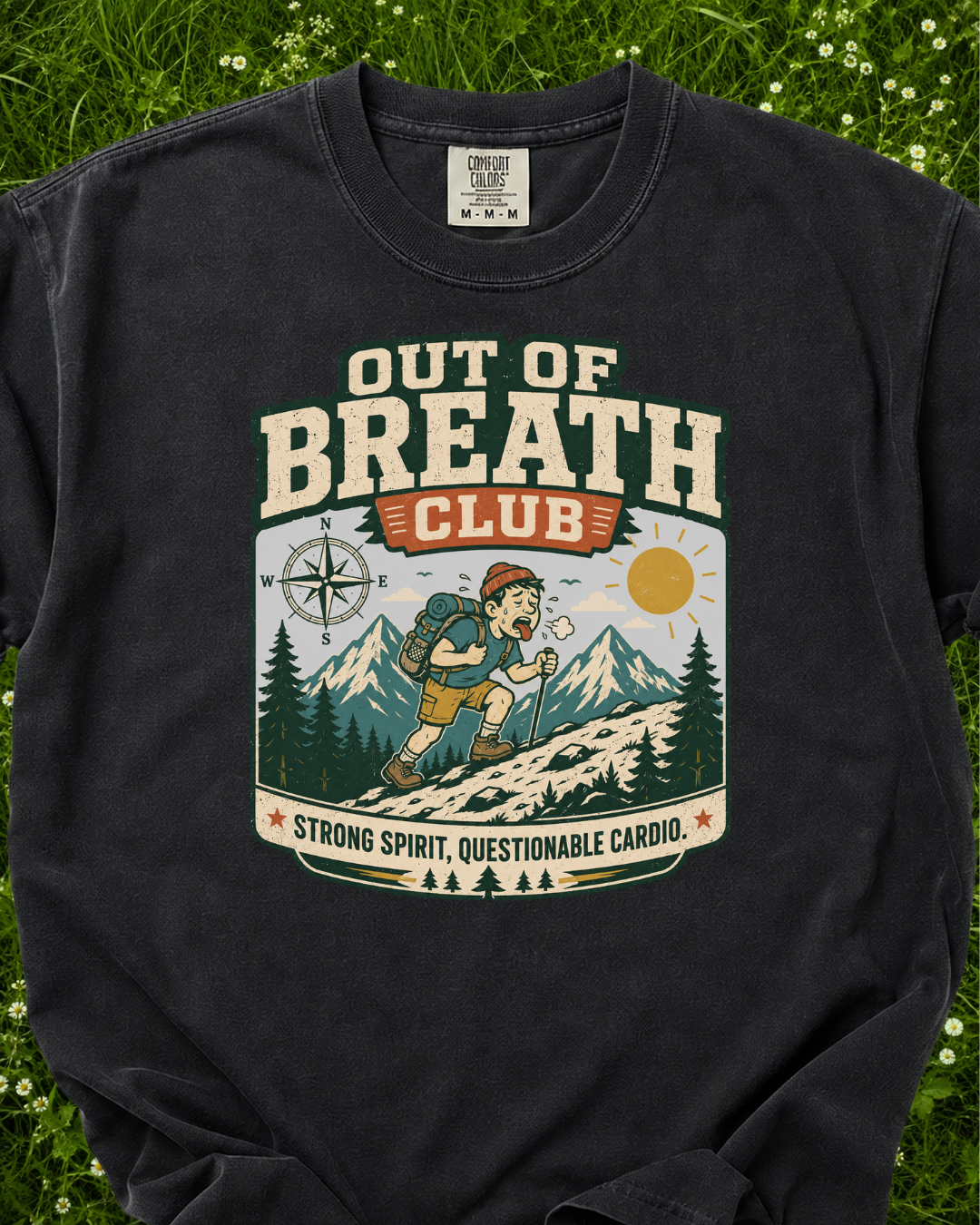 Out of Breath Club funny hiking T-shirt product mockup