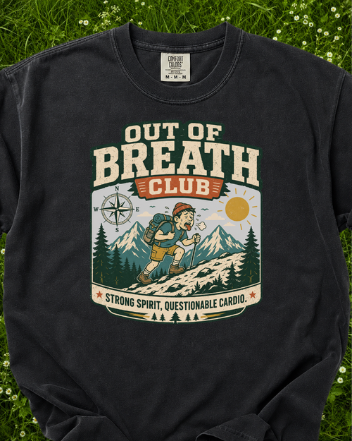 Out of Breath Club funny hiking T-shirt product mockup