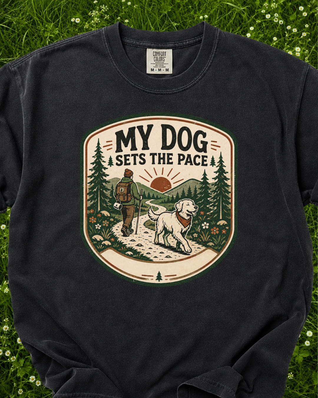 My Dog Sets the Pace dog walking T-shirt product mockup