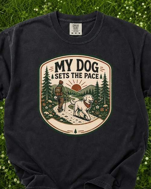 My Dog Sets the Pace dog walking T-shirt product mockup