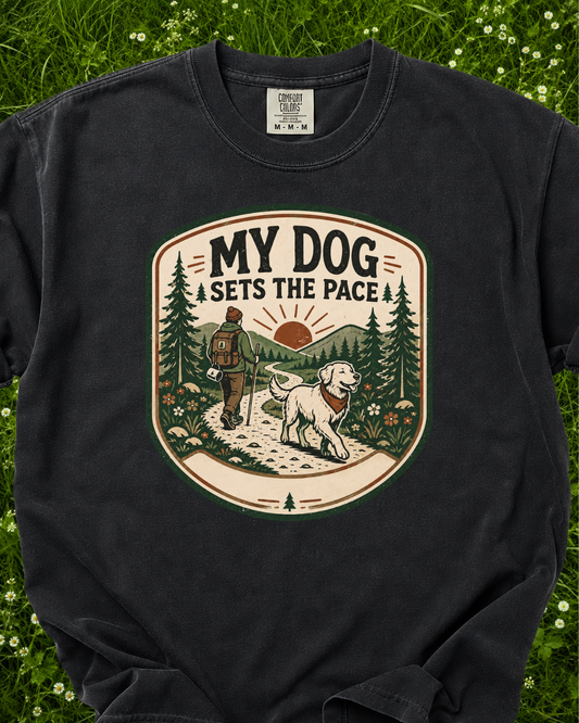 My Dog Sets the Pace dog walking T-shirt product mockup