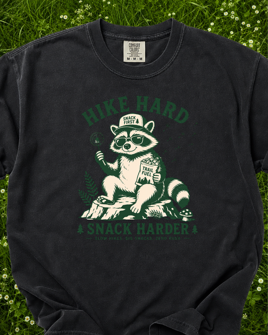 Hike Hard Snack Harder raccoon hiking T-shirt product mockup