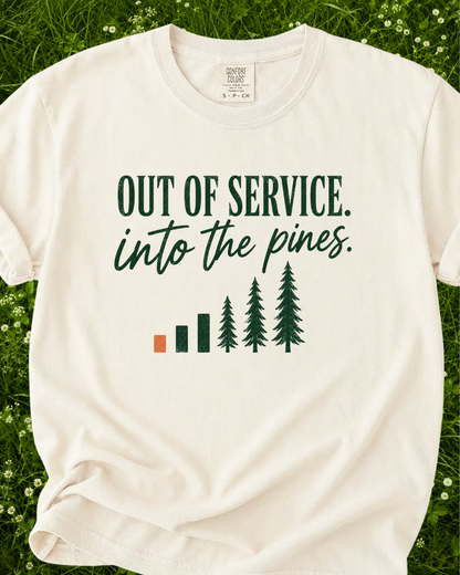 Out of Service Into the Pines graphic T-shirt product mockup