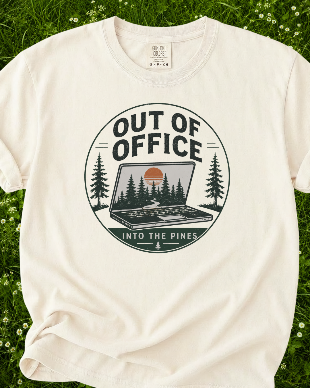 Out of Office outdoor graphic T-shirt product mockup