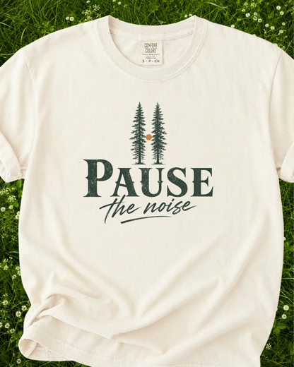 Pause the Noise nature graphic T-shirt product mockup