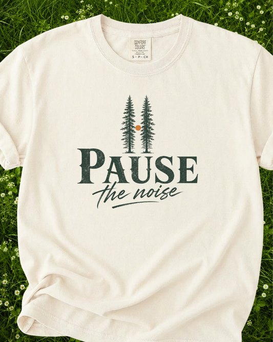 Pause the Noise nature graphic T-shirt product mockup
