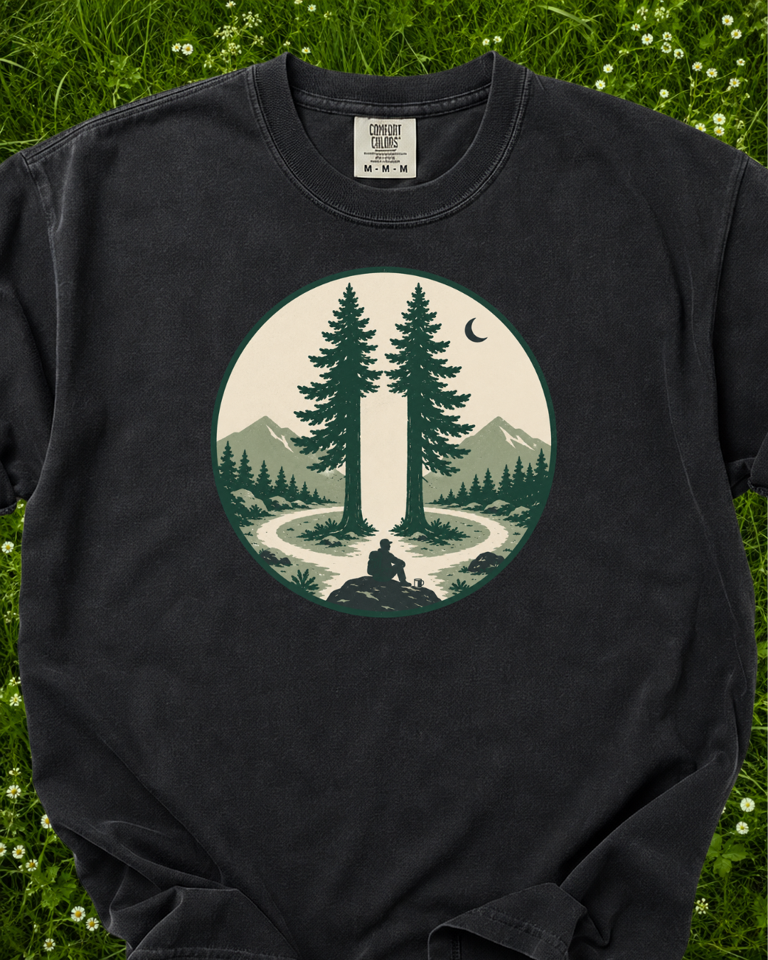 Pause Between the Pines forest graphic T-shirt product mockup
