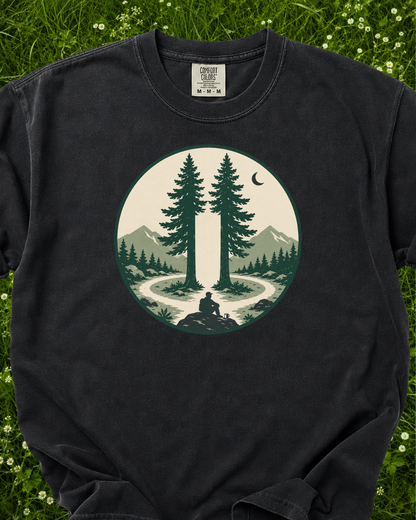 Pause Between the Pines forest graphic T-shirt product mockup