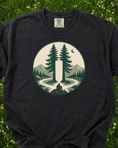 Pause Between the Pines forest graphic T-shirt product mockup