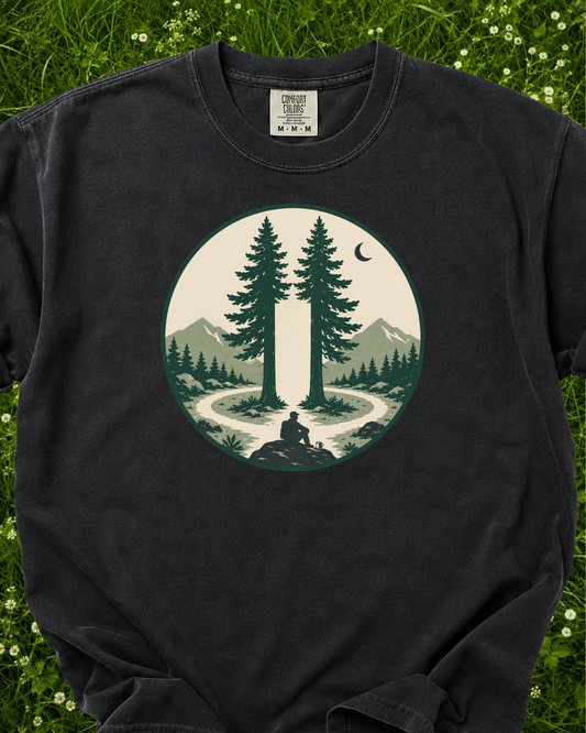 Pause Between the Pines forest graphic T-shirt product mockup