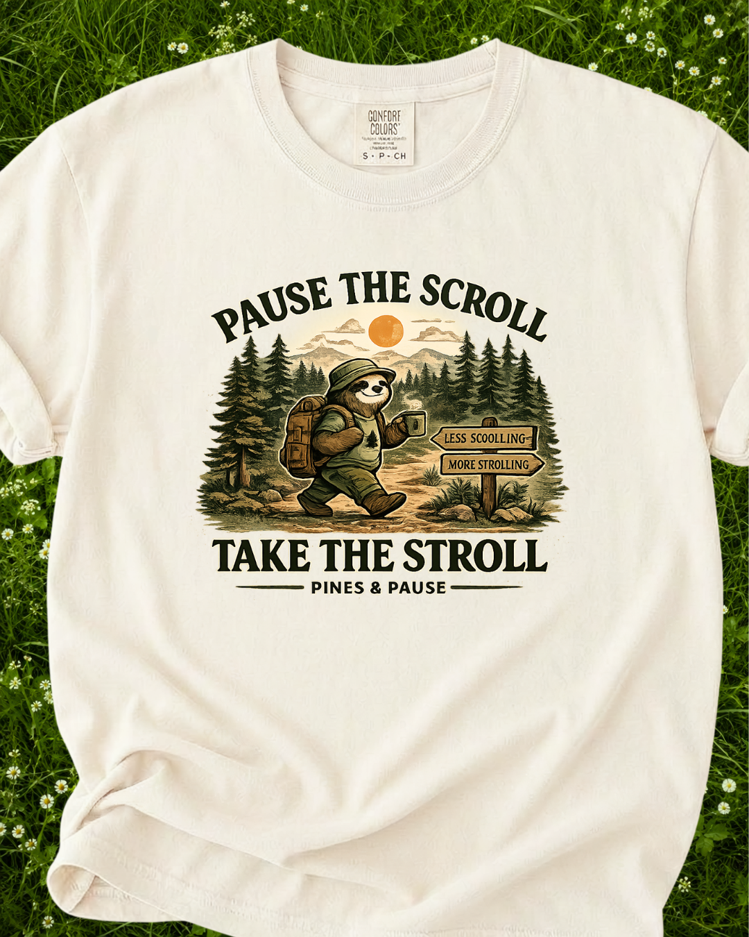 Pause the Scroll Take the Stroll graphic T-shirt product mockup